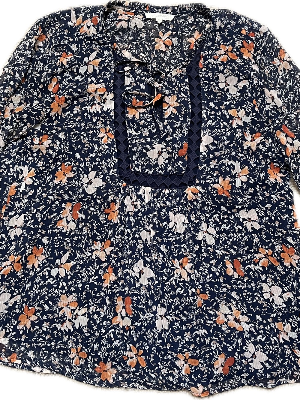 Mystree Navy Floral Peasant Tunic with Rust and Cream Blossoms Size M